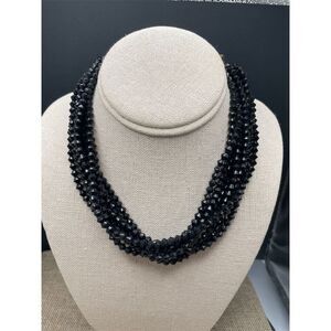 Vintage Black Glass Multi-Strand Beaded Necklace 20" Faceted Hook Closure
